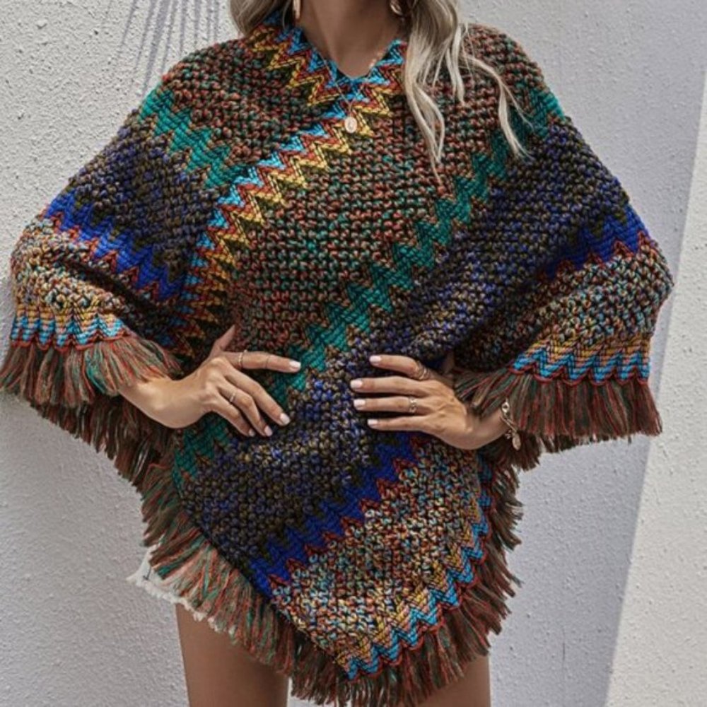 Knit Fringe Hem Poncho Sweater with Chevron Weave - Picture 6 of 7